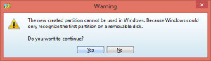 MiniTool Partition Wizard - предупреждение о недоступности нового раздела в Windows.