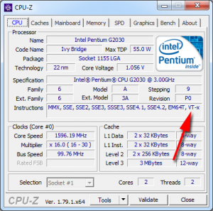 Проверка аппаратной виртуализации в приложении CPU-Z